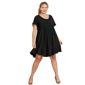 Umgee Black Ruffle Trim Dress Frayed Edges Short Sleeve Round Neck Size Large